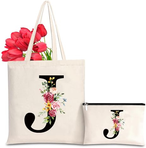Sinekong Sac Fourre-tout en Toile avec Initiale Fleur, Sac Tote bag en Toile Trousse de Maquillage Personnalisés Idéal pour Mariage, Anniversaire, Plage, Vacances, Cadeau Parfait pour Femmes Amis