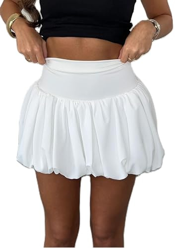 Betrodi Women Y2k Bubble Skirt High Elastic Waist Ruffle Flared Mini Skirts A Line Pleated Balloon Short Skirts Cute (A3468 White, L)