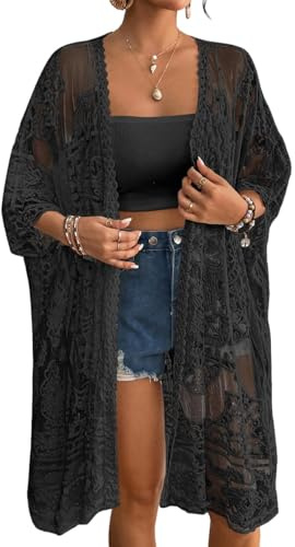 Bsubseach Lace Kimonos for Women 2025 Swim Cover Up Summer Beach Coverup Open Front Sheer Kimono Cardigan Black
