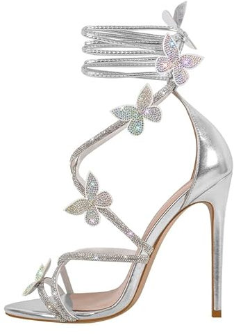 blingqueen Glitzer Sandaletten Stiletto Römersandalen mit Strass Schmetterling Elegante Damen Sommer High Heels Silber 38 EU