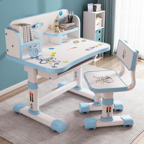 pofluany Height Adjustable Kids Desk and Chair Set, Upgraded Kids Functional Desk and Chair Set, Kids School Desk, Writing Study Table for Girls Boys, Storage, Drawers, Bookshelf (Blue)