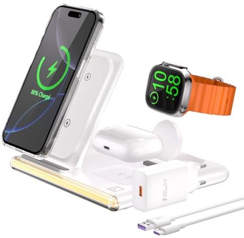Station de Charge 3 en 1 Compatible avec iPhone 16 15 14 13 12 et A pple Watch 10 Ultra 9 SE 8 7 6 5 4 séries et A irPods 4 3 2 Pro 2, Chargeur sans Fil à Induction avec veilleuse et Design Pliable