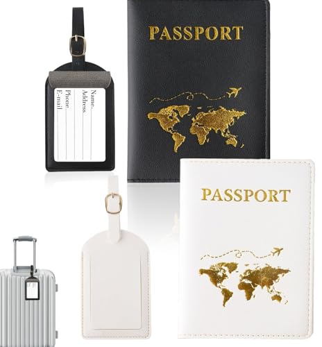 Yamobi Porte-Passeport, 2 Pièces de Housse de Passeport avec 2 Étiquettes de Bagage, Étui de Passeport pour Voyages, Porte-Passeport pour Cartes d'Identité et Documents de Voyage (Noir, Blanc)