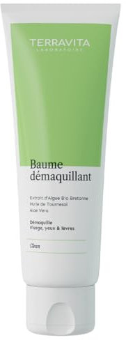 Baume Démaquillant | Note Yuka 100/100 | Visage, Yeux et Lèvres | Respecte le pH de la Peau | Extrait D’Algue Bio - Huile de Tournesol - Aloe Vera | Efficace Waterproof | Made in France | Terravita