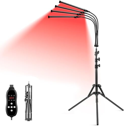 Zrwuldu Lámpara de Calor Infrarrojo con Soporte, Roja de 420 LEDs, 660 & 850 nm de Roja con Temporizador, Lámpara de Infrarrojos de 4 Cabezales (Negro)