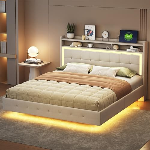 odikalo Letto imbottito 160x200 cm, con presa USB e luce LED, letto con led matrimoniale, letti matrimoniale, beige (materasso non incluso)