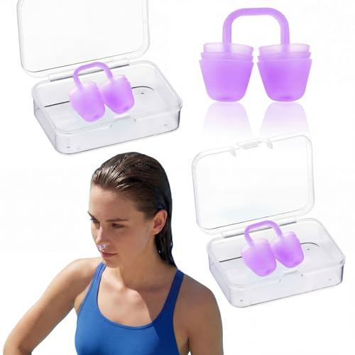 Shappy 2 Set Swimming Nose Plugs for Adults Silicone Nose Plugs Soft Comfort Fit 3-Layer Water Block Swim Noses Clip with Transparent Storage Cases for Women Men(Purple)