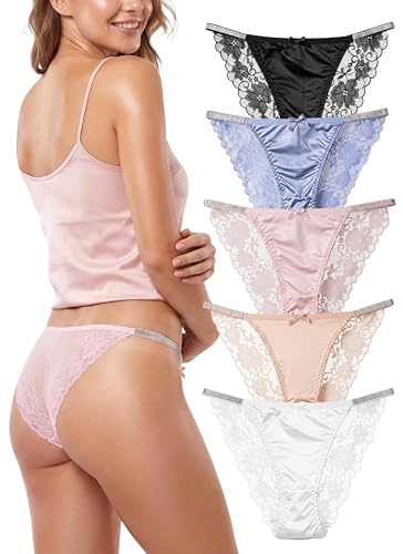 Hialegion Lot de 5 Culottes Femme en Soie et Dentelle - Slips Échancrés Style Brésilien avec Fines Bretelles - Hipster Sexy M