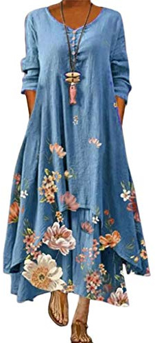 ORANDESIGNE Vestido Casual Mujer Estampado Floral Diente de León Tie Dye Manga Larga Cuello Redondo Dobladillo Asimétrico Vestido Largo Evasé Maxi Dress Azul XS