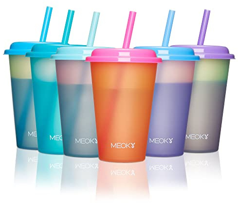 Meoky Color Changing Cups with Lids and Straws for Kids 6Pack 12oz Plastic Reusable Cold Drink Tumblers Summer Party Cups