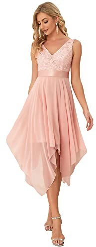 Ever-Pretty Robe de Soirée Asymétrique au Genou Femme Double Col-V sans Manche en Dentelle Mousseline de Soie Rose 46