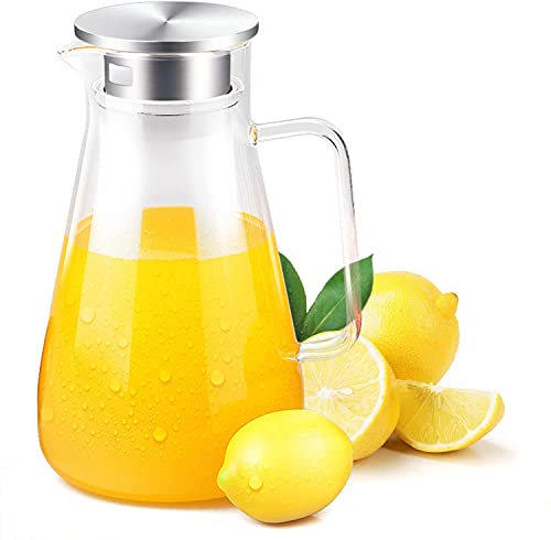 Carafe Glass, Uten 1500ml 53oz Pitcher Jug Lead-Free Borosilicate Glass Kettle with Crystal Handle and Stainless Steel Lid Cover for Milk, Red Wine, Cold Water, Fruit Juice, Hot Coffee, Ice Drinks