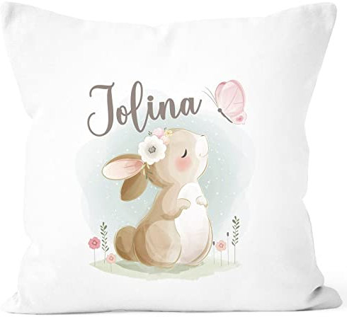 SpecialMe® Kissen-Bezug Kinder Tiermotive Bär, Hase, Fuchs mit Namen Namenskissen Kinder Baby personalisierte Geschenke Hase weiß Standard
