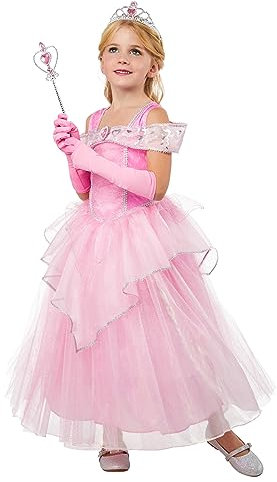 Rubies Prinsessan Pink Princess kostym för flickor, rosa prinsessklänning med organza, tiara och handskar, original, perfekt för halloween, jul, karneval och födelsedag.