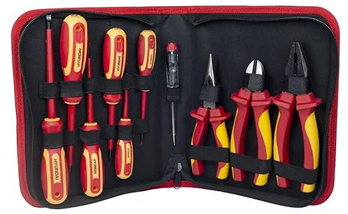 HYUNDAI VDE-Werkzeugset 59415, (10-teilig, Elektriker Werkzeug, Schraubendreher, Kombizange, Seitenschneider, Spitzzange, GS/VDE-geprüft bis zu 1000V, Werkzeugtasche)