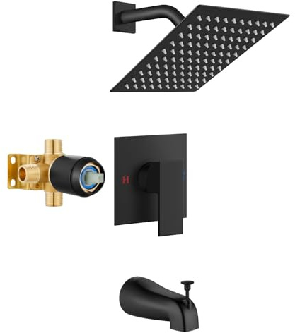 Airuida Shower Faucet Set with Tub Spout Bathtub Faucet Kit Shower Tub Faucet Set Complete Tub Shower Trim Kit with Solid Brass Rough-in Valve and Rainfall Square Showerhead,8 Inch-Matte Black