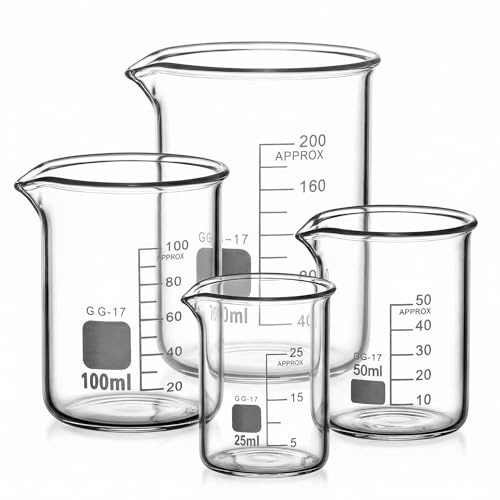 QWORK® Becher Graduato 25 ml 50 ml 100 ml 200 ml Borosilikatglas 3,3 glas, set med 4 graduerade mått för vetenskapslaboratoriet kök