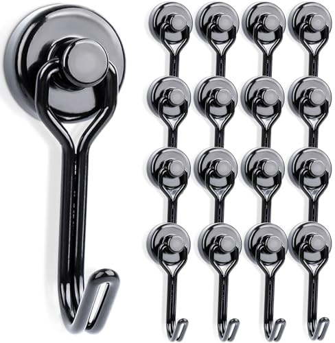 16 ganci magnetici, ganci magnetici extra forti, colore nero, 10 kg + 16 mm, magnete al neodimio, gancio magnetico girevole con gancio, forte magnete per appendere campeggio, furgone, ufficio, garage