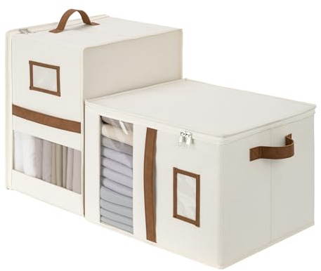 StorageWorks 2-Pack Bed Sheet Organizers and Storage, Foldable Bedsheet Holder for Linen Closet, Bedding Container with Handle, Beige, 15 D x 12¾W x 10 H
