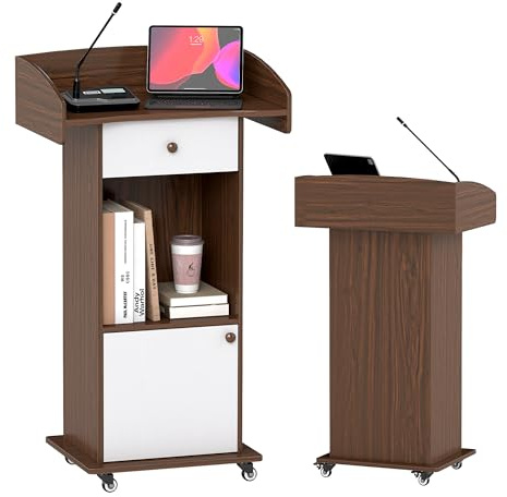 Suuiwau Podium Stand with Wheels Portable Lectern Mobile Wooden Pulpit Podium Hostess Stand Reception Desk with Drawer and Storage Cabinet for Church Office School Conference, Walnut & White