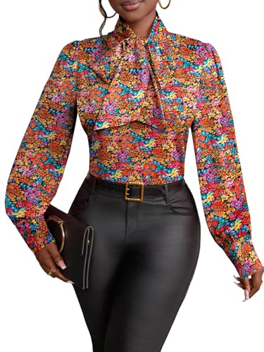 Vrtige Women's Elegant Bow Tie Neck Long Sleeve Blouse Office Shirt Top, Floral Black, XL