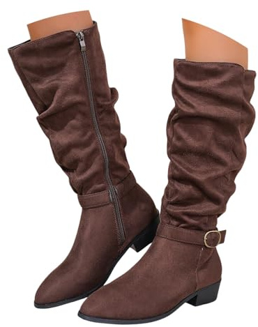 Generisch Bottines de costume traditionnel pour femme - Élégantes - En daim - Bottes de cowboy western - Chaussures à enfiler - Talon bloc - Bottes mi-hautes - Bottes courtes de transition, O Marron