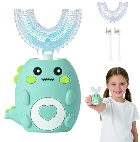 Kids Electric U Shaped Toothbrush, Sonic Automatic Toothbrush Kids with 4 Brush Heads, 3 Cleaning Modes, Cartoon Dinosaur IPX7 Waterproof 360º Round Toddler Electric Toothbrush(Green, Ages 2-12)