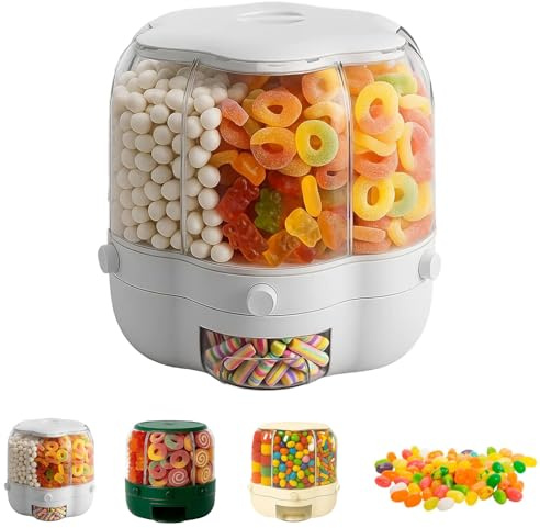 Rotating Candy Dispenser Countertop (S/M), 6-Grid Classification, Rotating Design, One-Click Activation, 2026 New 360° Press-Type Dispensing Storage Box for Candies (White, S(7.5 * 9.6 * 9.6in))