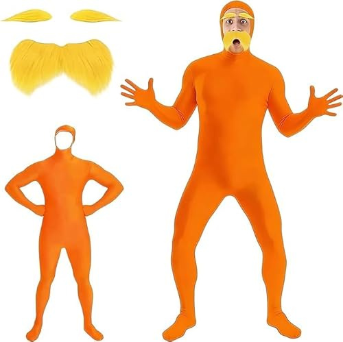 2026 Deguisement Lorax,3pc Combinaison intégrale unisexe pour homme et femme - Costume d'Halloween - Costume Slenderman - Costume Lorax ouvert- avce barbe+sourcil - Combinaison seconde peau Carnaval
