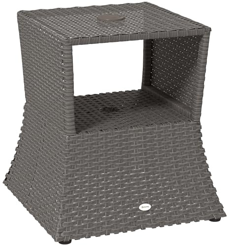 Mesa de café de exterior de ratán Outsunny, mesa auxiliar de mimbre para jardín y patio con hueco para sombrilla y espacio de almacenamiento para balcón, porche, gris oscuro