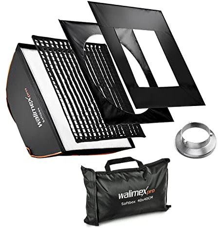 Walimex pro Softbox mit Gitter 40x40cm I Inkl Aurora/Bowens Adapter, 3cm Grid Masken Diffusor Lichtformer 360° drehbar hitzeresistent I Ideal für Produktfotografie, Fotolicht für Unterwegs & im Studio