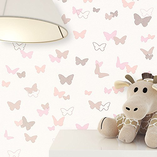 NEWROOM carta da parati per bambini beige farfalle bambini tessuto non tessuto porpora Carino