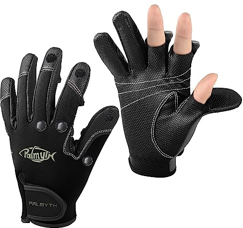 Palmyth Neopren-Angelhandschuhe für Männer und Frauen, 2 geschnittene Finger, flexibel, ideal für Fotografie, Fliegenfischen, Eisfischen, Laufen (schwarz, Mittel)