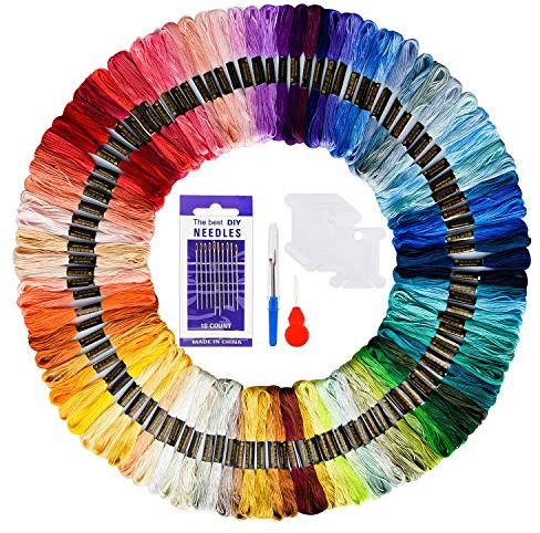 Embroidery Threads 100 Skeins Pack，AUERVO Embroidery Floss,Cross Stitch Threads，Friendship Bracelets Thread，Crafts Floss Rainbow Color with Free Embroidery Needles,Floss Bobbins…