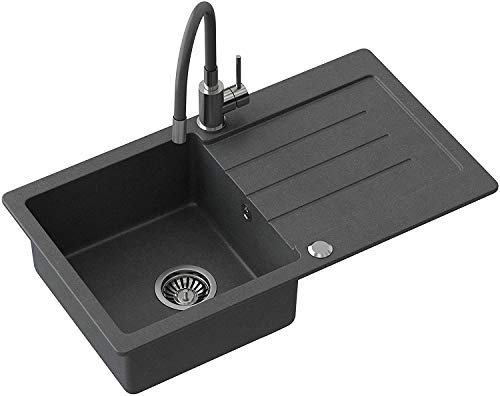 VBChome Granitspüle 77 x 44 cm Schwarz mit Armatur und Siphon – Einbauspüle gesprenkelt reversibel pflegeleicht kratzfest hitzebeständig Einzelbecken für moderne Küche