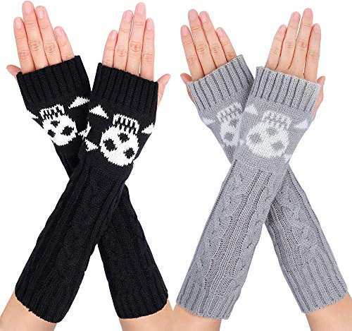 MengH-SHOP Armstulpen Damen Fingerlose Handschuhe Armwärmer Winter Stricken Wärmer Lange Handschuh Daumenloch Fäustling 2 Paar (Schwarz und Grau)