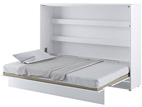 Arthauss Horizontal Wall Bed Concept with storage in White Matt 140 cm - Fold Down Bed with Soft Close System and Functional Shelves - Practical Murphy Bed Alternative for a Modern Home