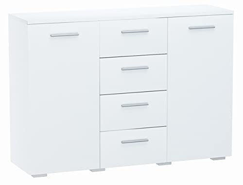 MATKAM Kommode Helena B120 x H84,5 x T35 cm, Sideboard mit 4 Schubladen und 2 Fächer mit Türen, ideal für Büro, Diele, Wohnzimmer, Jugend- oder Kinderzimmer (Weiß)