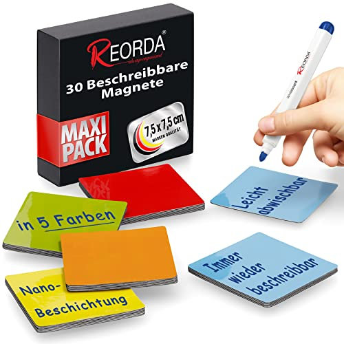 Reorda® Magnetstreifen beschreibbar - 30 Stück wiederbeschreibbar – 7,5 x 7,5 cm (Bunt) - Beschreibbare Magnete für Whiteboard, Kanban, Magnettafel oder als beschriftbare Magnete für den Kühlschrank