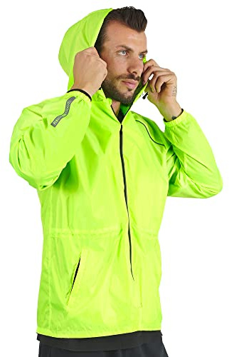 PERLETTI Veste Homme Impérmeable à Capuche Détails Réfléchissants - Coupe Vent Homme Résistant Léger Sport Running Pliable - Poncho Veste de Pluie Neige Impermeable Voyage Fluo Hiver (Jaune, M)