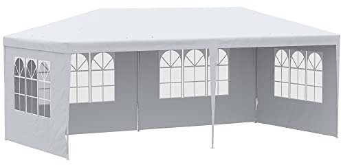 Outsunny Carpa de Jardín con Laterales Desmontables 6x3 m Gazebo Pabellón con 4 Ventanas Transparentes 12 Orificios de Drenaje y Marco de Acero Anti-UV Impermeable Cenador para Exterior Terraza Blanco