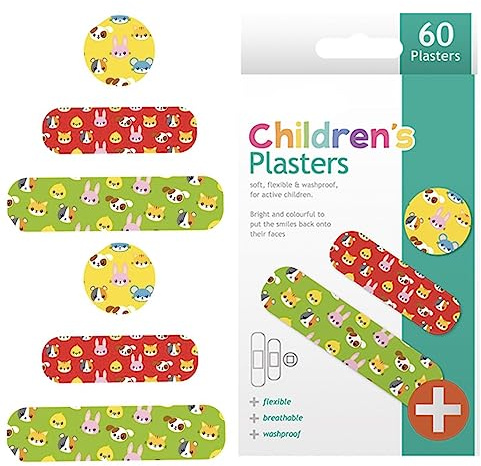 Kids Plasters/Children Plasters 60 Pack, Assorted 3 Sizes and Colourful Design,Animal Design, Washproof, Breathable Unisex 60 Pack