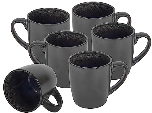 Kaffemuggar, set med 6 350 ml, glänsande svart metallisk, glänsande insida – kaffemugg med handtag, temugg, porslinskopp, diskmaskinssäker