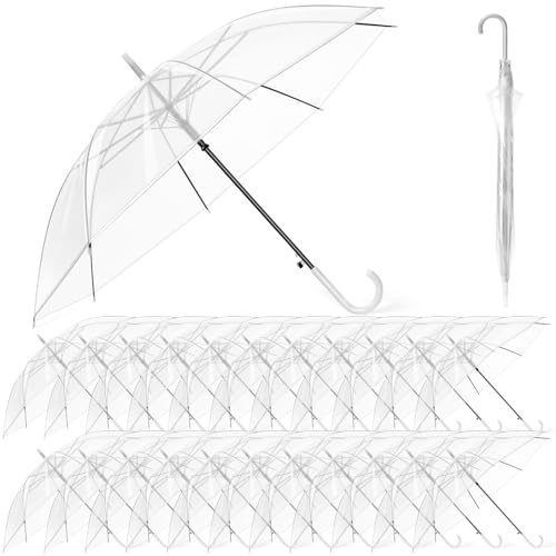 Hestya 24 Pack 37.4 Inch Clear Transparent Dome See Through Windproof Umbrella - White Handle Semi Automatic for Ladies & Men - Bride, Bridesmaid, Groom, Party