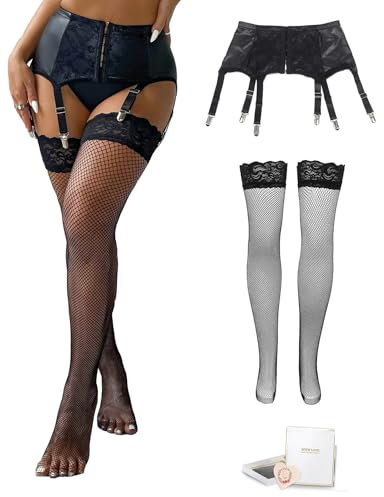 ohyeahlady Strapsgürtel mit Strümpfe Damen Sexy Kunstleder Strapshalter mit 6 Metallclips Punk Breit Strapsen Dessous Set Wetlook Strumpfhalter Große Größen Strumpfband(Schwarz,XL)