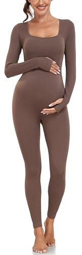 EastElegant Tuta da yoga premaman senza cuciture da donna Body da allenamento a costine con collo quadrato a costine pagliaccetto a maniche lunghe, Marrone, Medium