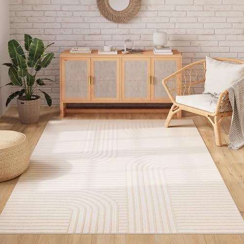 TAPISO Patio Teppich Flachgewebe Creme Indoor Outdoor Streifen Modern Strapazierfähig Wasserfest Wohnzimmer Terrasse Balkon Flur ÖKO-TEX 120 x 170 cm