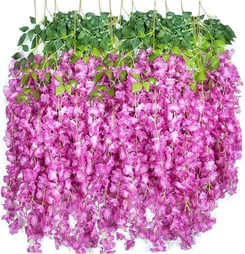 SZJH 12 st 9,5 m/delar konstgjorda falska blåregn vinstockar ratta hängande girlang siden blommor snöre hem fest bröllopsdekor (lila röd)