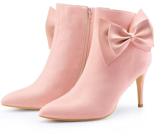 Allegra K Women Faux Suede Pointy Toe Bow Stiletto Heel Ankle Boots Rubber | 3.7-inch heel height. Cushioned insole. Pointed toe bow decor. Office, Party, Dating. Rubber outsole