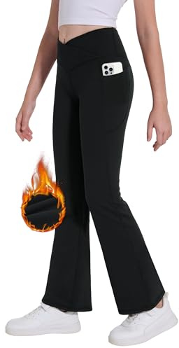 Desol Pantaloni termici a croce, con tasche per adolescenti, leggings elastici flared per sport e yoga, pantaloni sportivi ideali da ginnastica e da jogging, Nero , 11-12 Anni